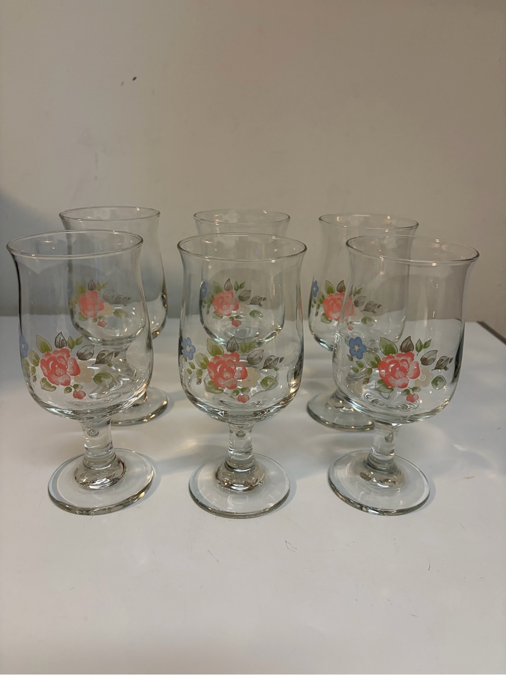 Pfaltzgraff Tea Rose 10 Oz Glass Goblets 6.5” Floral Stemware Set of 6 Vintage